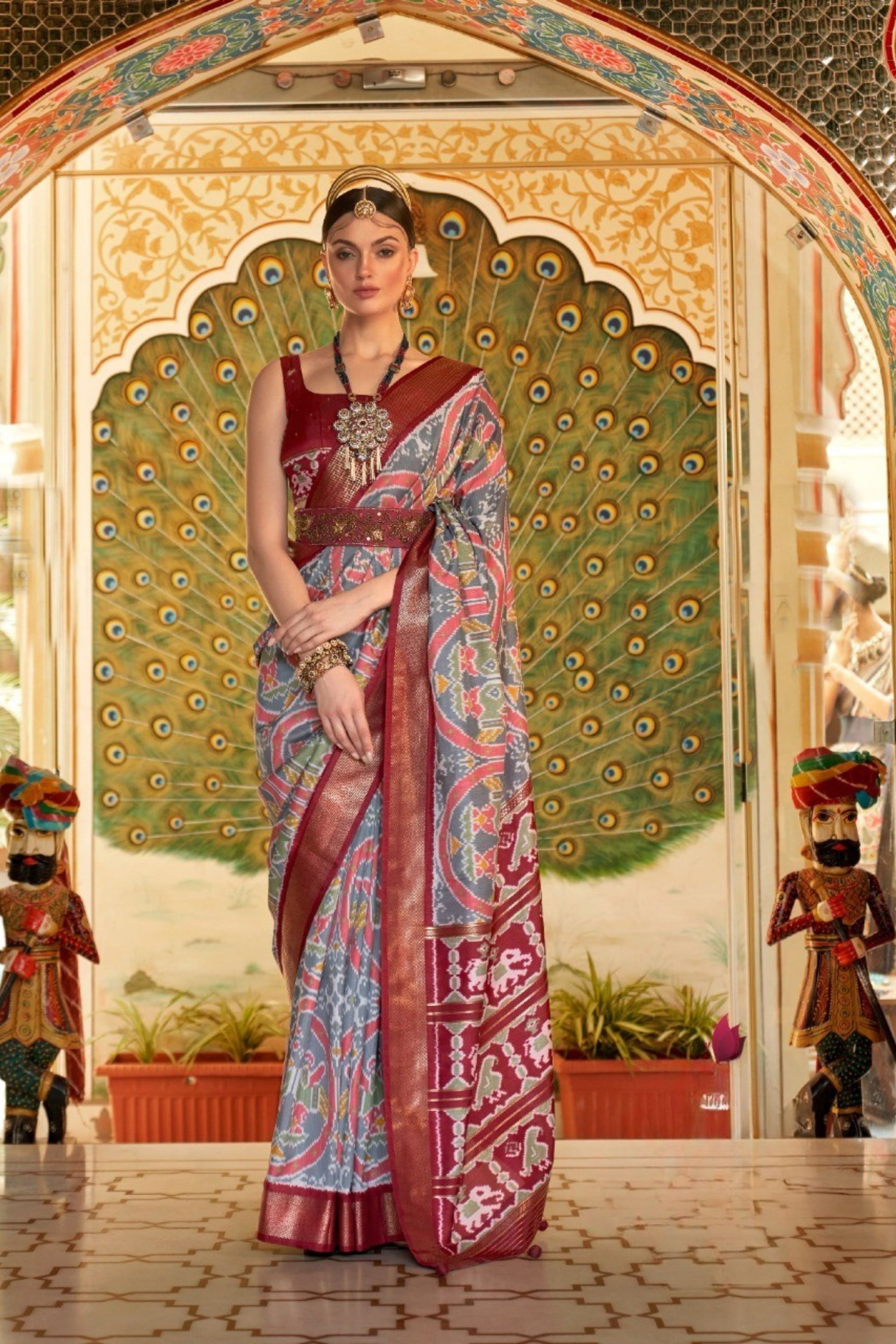 Sky Blue and Maroon Printed Linen Silk Saree Designer Border