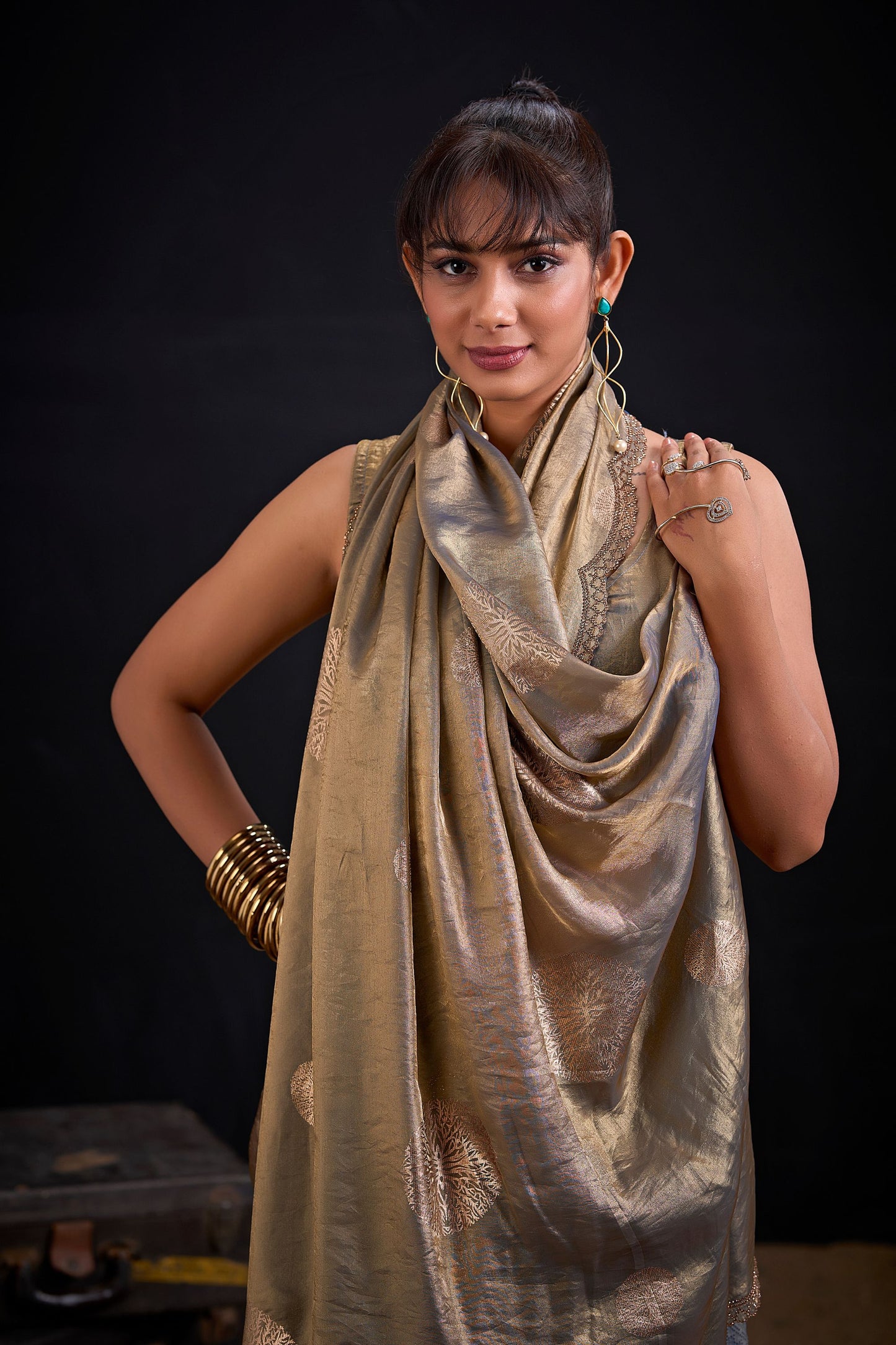 Golden Grey Tissue Silk Saree with Subtle Zari Butti Work