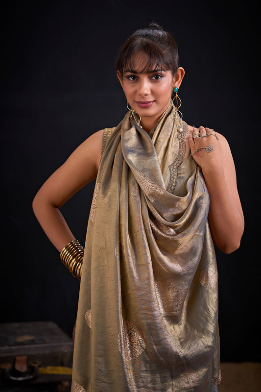 Golden Grey Tissue Silk Saree with Subtle Zari Butti Work