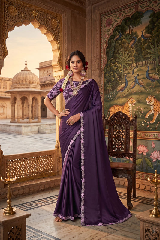 Royal Purple Embroidered Saree with Floral Designer Border