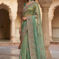 Sea Green Organza Silk Saree with Heavy Embroidery Designer Border