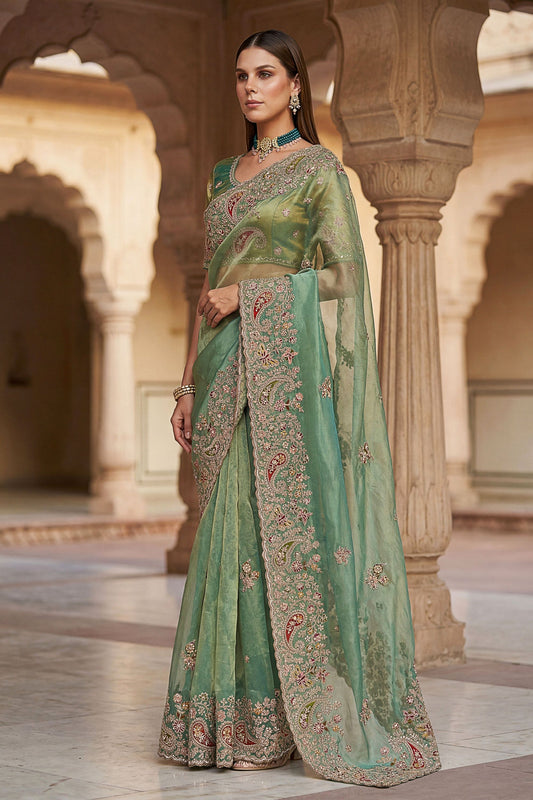 Sea Green Organza Silk Saree with Heavy Embroidery Designer Border