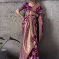 Magenta Banarasi Silk Saree Gold Zari Border Floral Weaving Saree