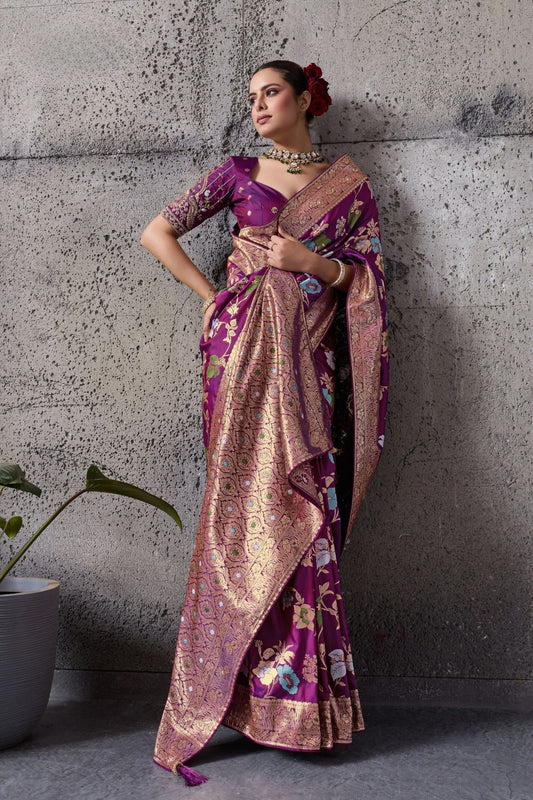 Magenta Banarasi Silk Saree Gold Zari Border Floral Weaving Saree