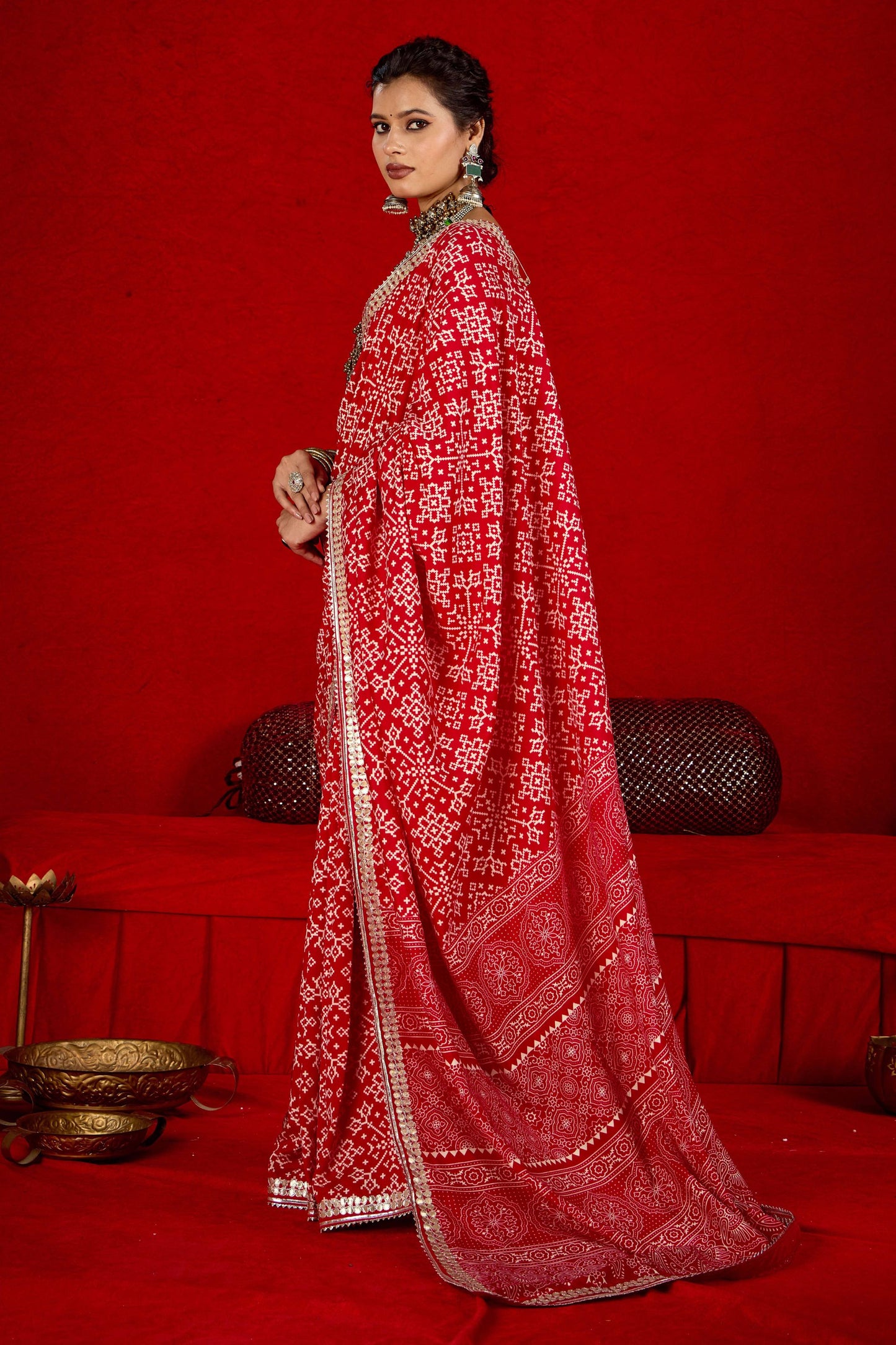 Red Bandhej Printed Georgette Saree Festive Wear
