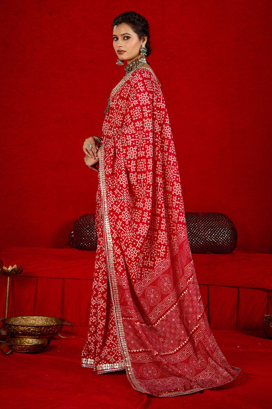 Red Bandhej Printed Georgette Saree Festive Wear