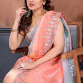 Peach and Sky Blue Embroidered Organza Silk Saree Designer Border