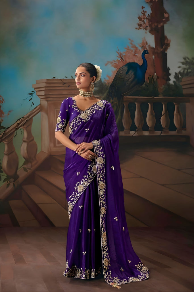 Purple Embroidered Silk Saree Heavy Zari Border Designer Saree 
