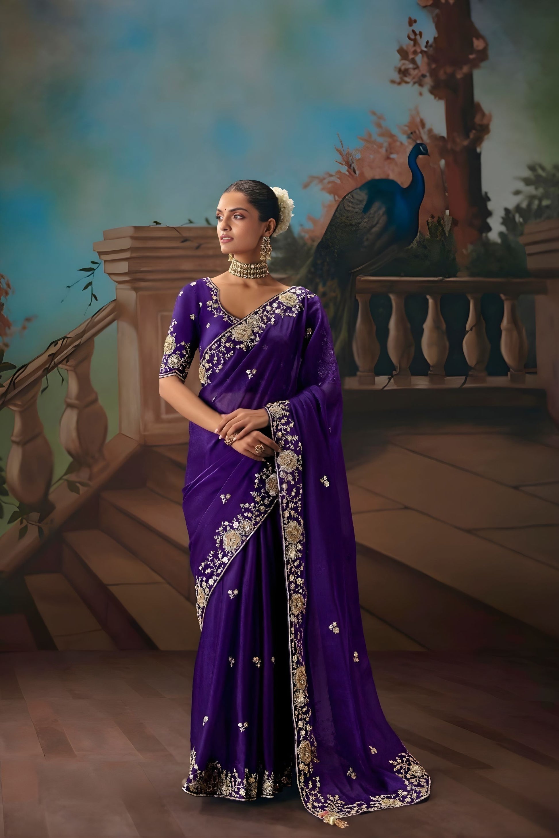 Purple Embroidered Silk Saree Heavy Zari Border Designer Saree 
