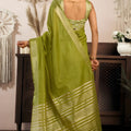 Olive Green Silk Saree with Golden Zari Border Designer Saree