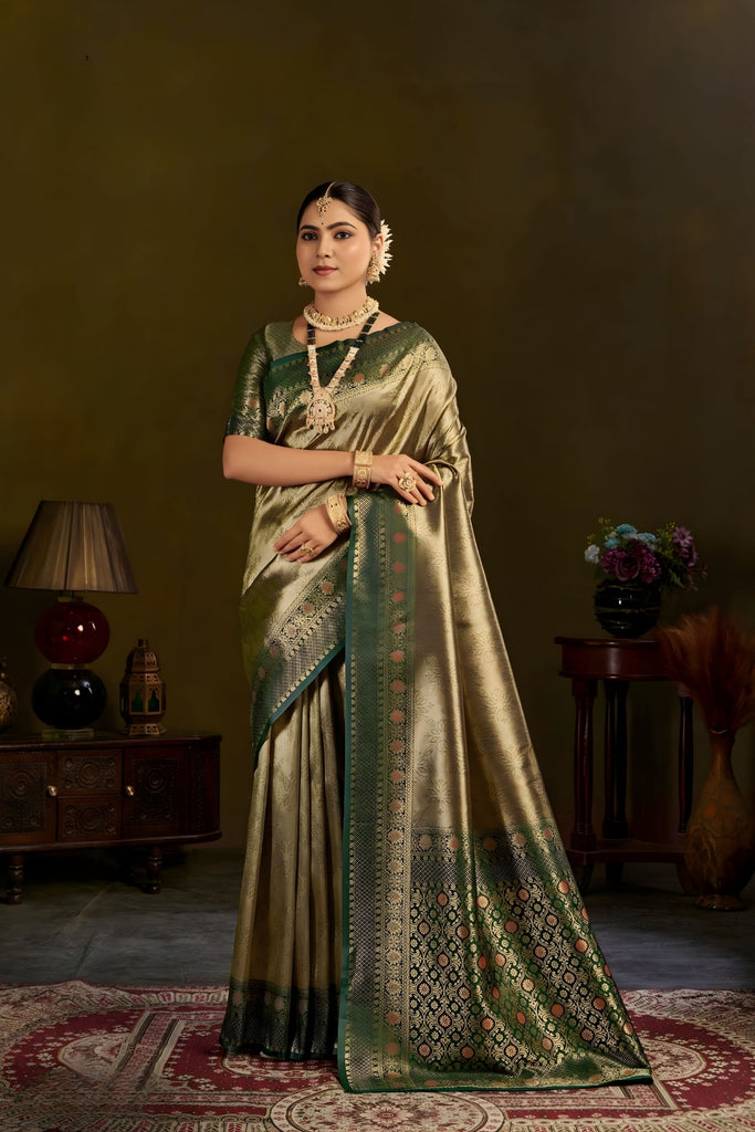 Premium Gold Kanjivaram Silk Saree with Elegant Green Zari Border