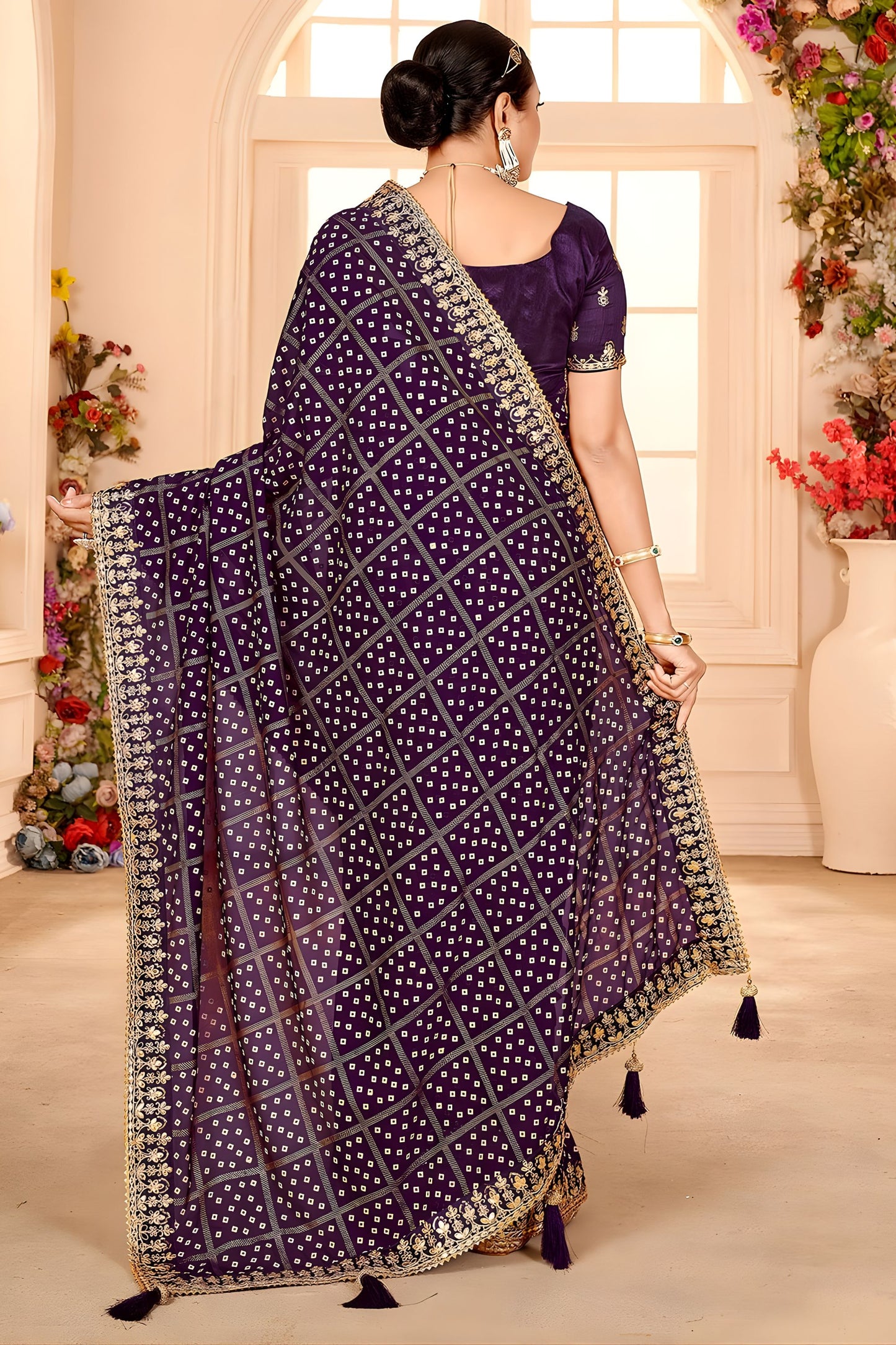 Purple Embroidered Designer Saree with Sequins Work Heavy Border