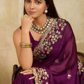 Deep Purple Embroidered Georgette Saree Heavy Floral Border Designer Blouse