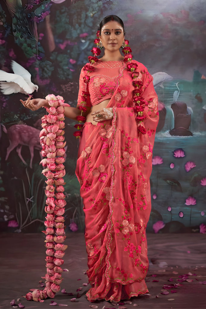 Designer Peach Pink Floral Embroidered Saree with Stylish Blouse