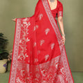 Bridal Red Banarasi Silk Saree with Rich Zari Weaving Blouse Piece
