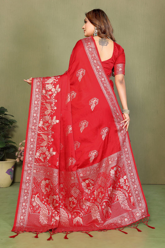 Bridal Red Banarasi Silk Saree with Rich Zari Weaving Blouse Piece