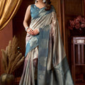  Teal Blue Silver Zari Woven Silk Saree Floral Motifs Traditional Saree 