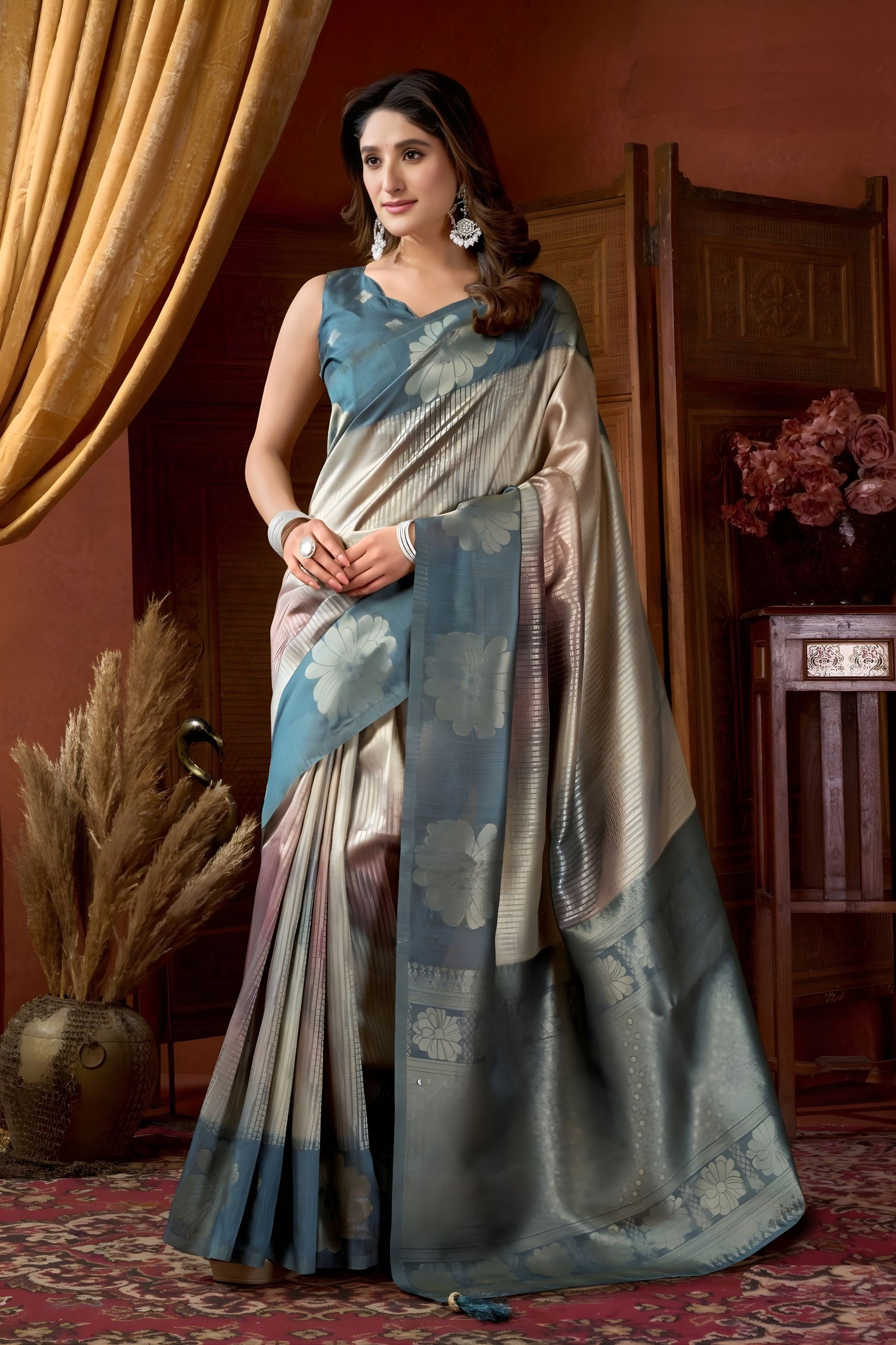  Teal Blue Silver Zari Woven Silk Saree Floral Motifs Traditional Saree 