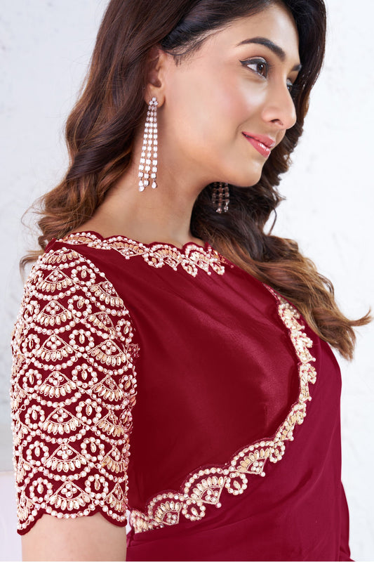 Wine Red Embroidered Georgette Saree Scalloped Border Designer Blouse
