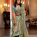 Light Gold Banarasi Silk Saree Teal Green Border Zari Buti Work Traditional Wear