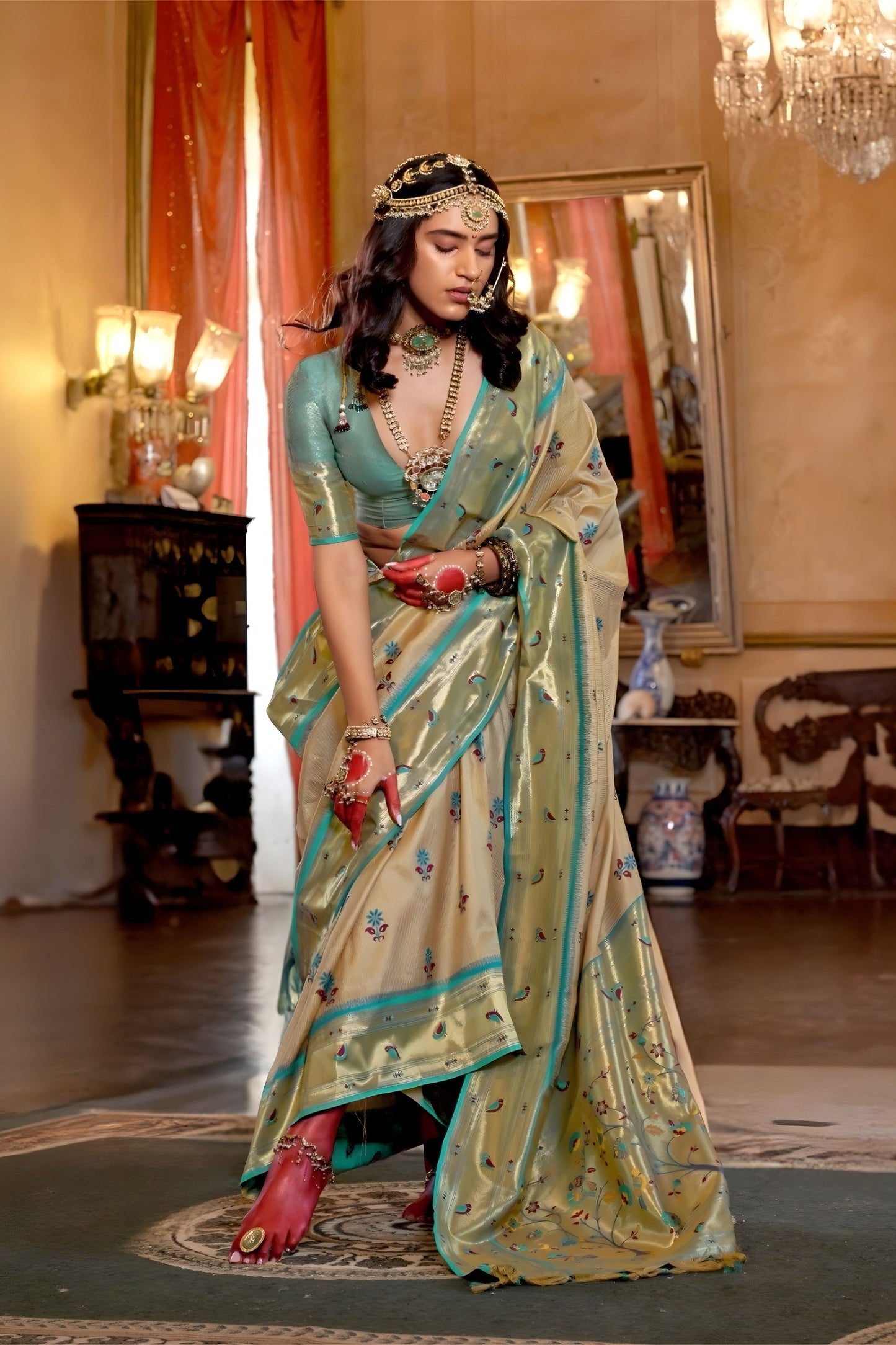 Light Gold Banarasi Silk Saree Teal Green Border Zari Buti Work Traditional Wear