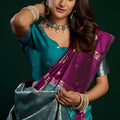 Luxury Purple Soft Silk Saree with Teal Contrast Border