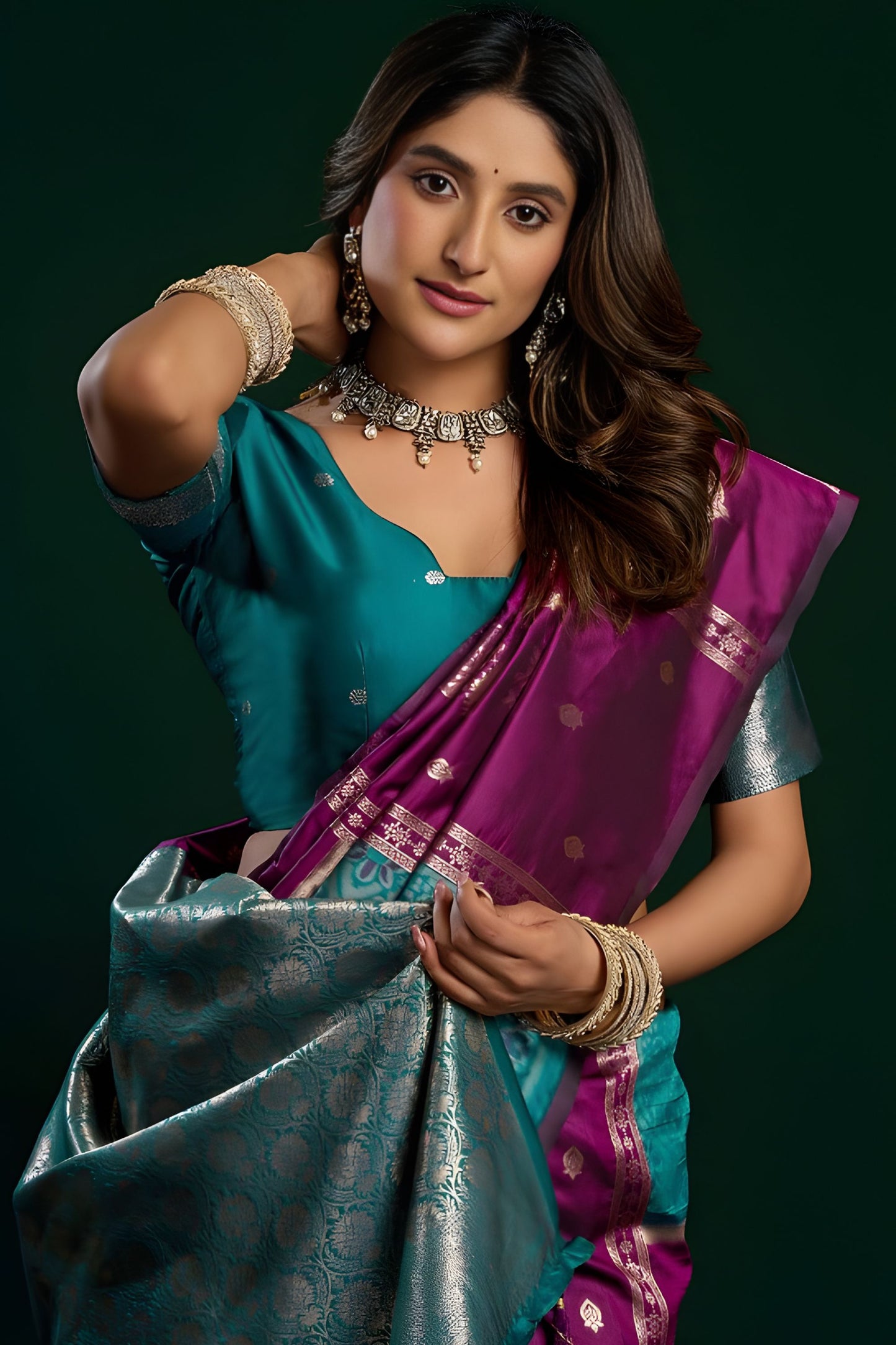 Luxury Purple Soft Silk Saree with Teal Contrast Border