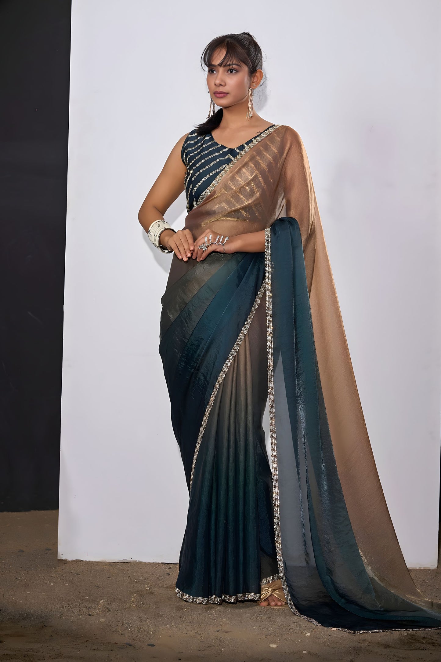 Dual Tone Dark Green Golden Brown Saree with Designer Border