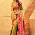 Olive Green Silk Saree with Pink Contrast Border Floral Zari Work