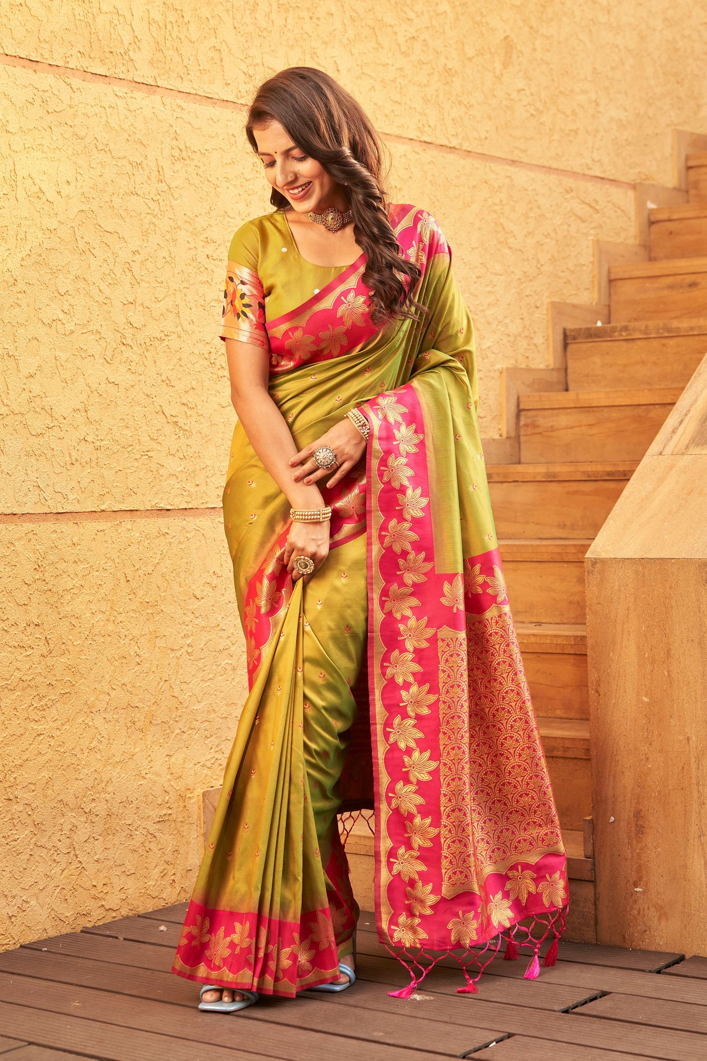 Olive Green Silk Saree with Pink Contrast Border Floral Zari Work