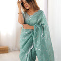 Sea Green Embroidered Organza Saree Silver Floral Party Wear