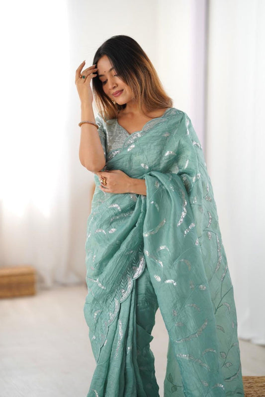 Sea Green Embroidered Organza Saree Silver Floral Party Wear