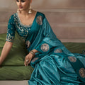 Teal Blue Silk Saree with Heavy Zari Border Traditional Saree