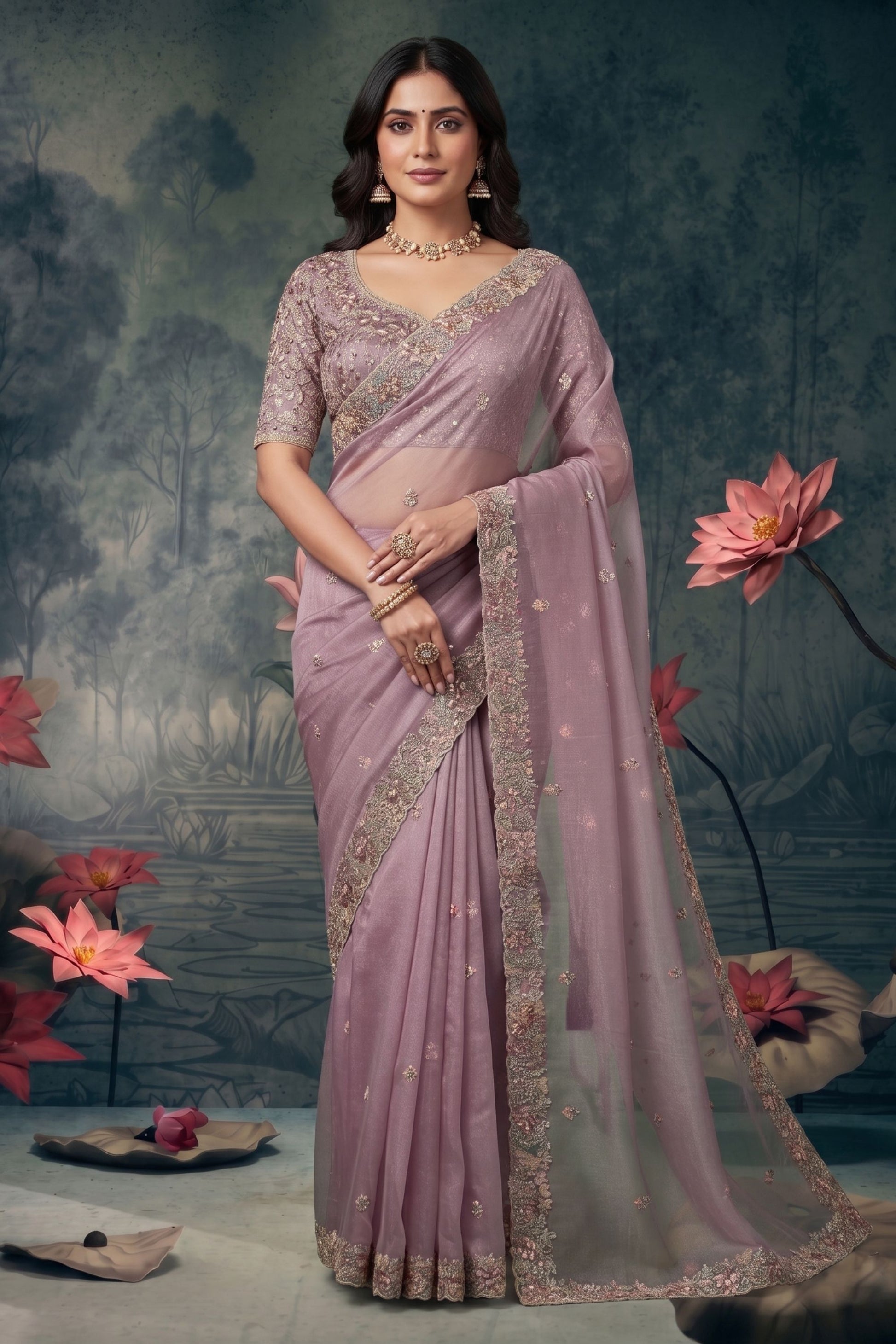 Lavender Pink Designer Saree with Embroidered Sequins Border