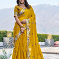Mustard Yellow Georgette Saree Elephant Embroidery Blouse