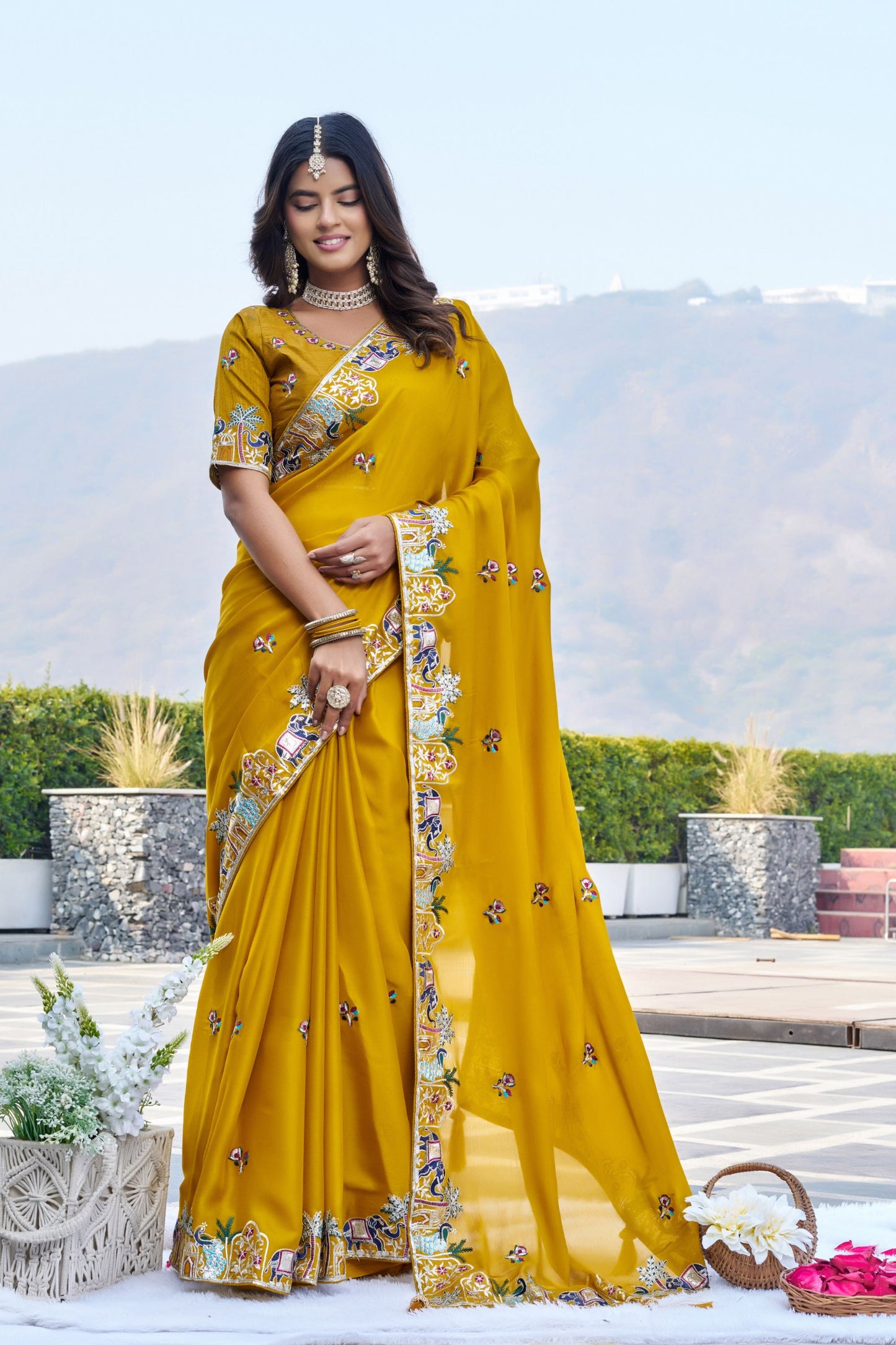 Mustard Yellow Georgette Saree Elephant Embroidery Blouse