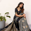 Grey Black Banarasi Silk Saree Antique Gold Zari Motifs Woven Pallu