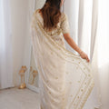 Designer Ivory White Organza Silk Party Wear Saree Golden Embroidery