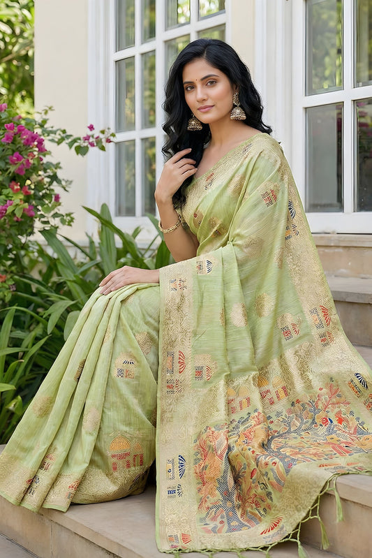 Pastel Green Banarasi Silk Saree with Rich Woven Zari Pallu