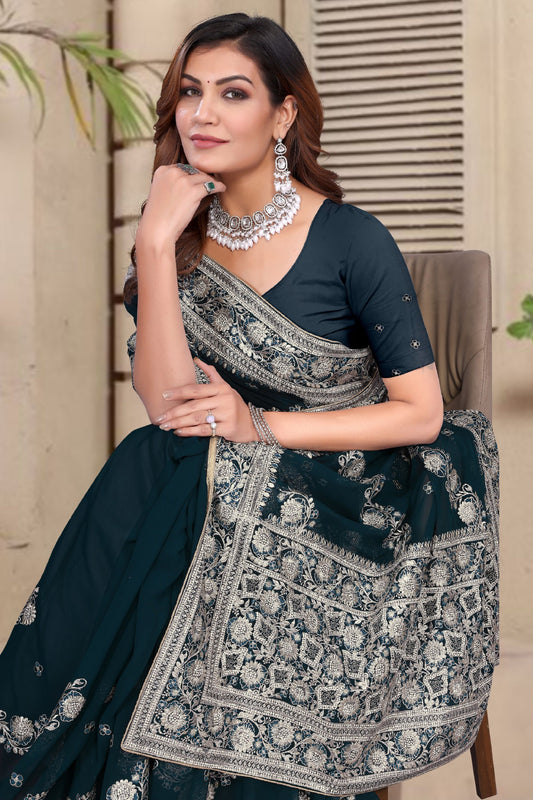 Teal Green Embroidered Georgette Saree with Silver Floral Thread Work and Matching Blouse Piece