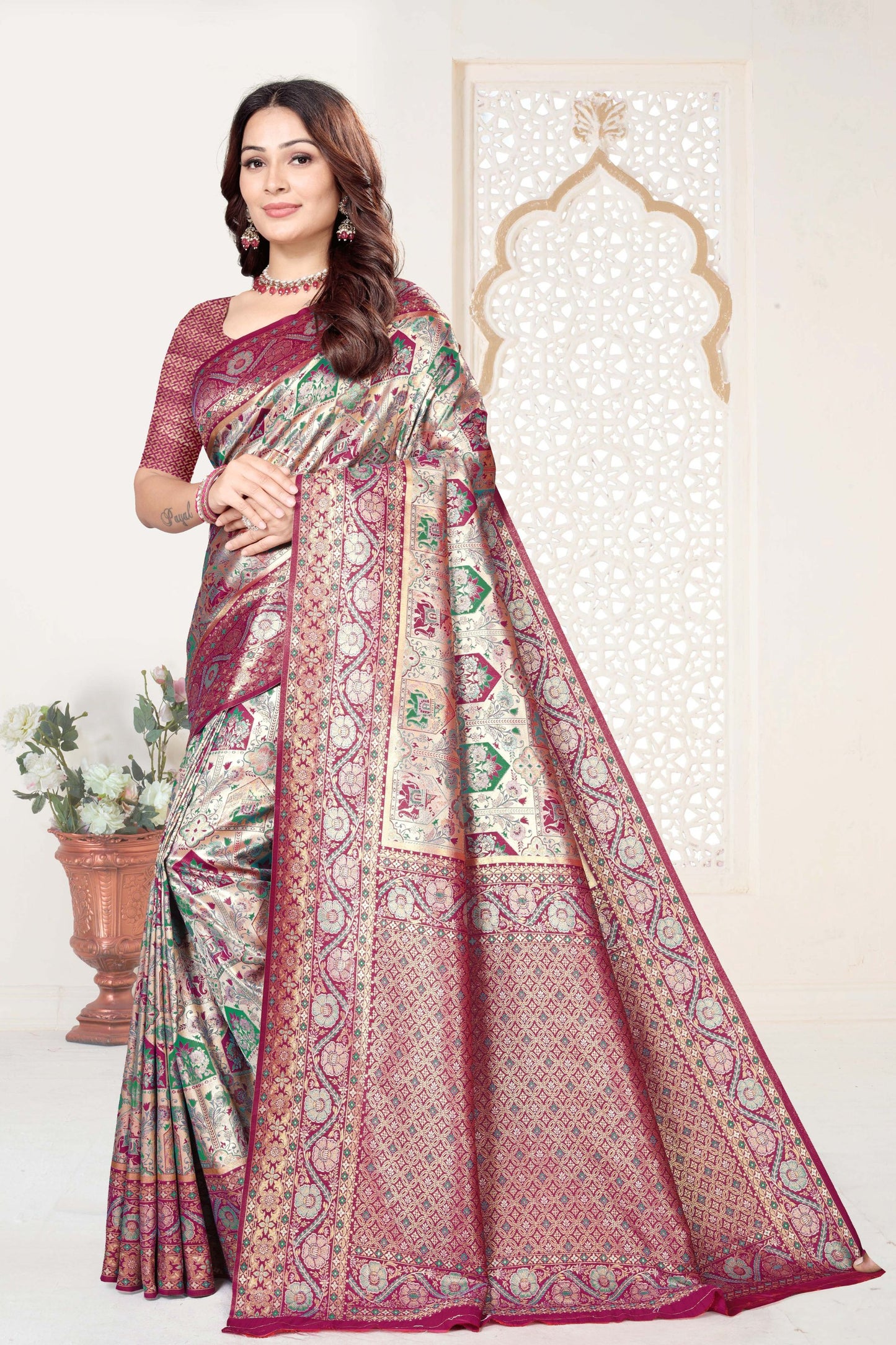 Maroon and Beige Banarasi Silk Saree with Rich Zari Woven Design