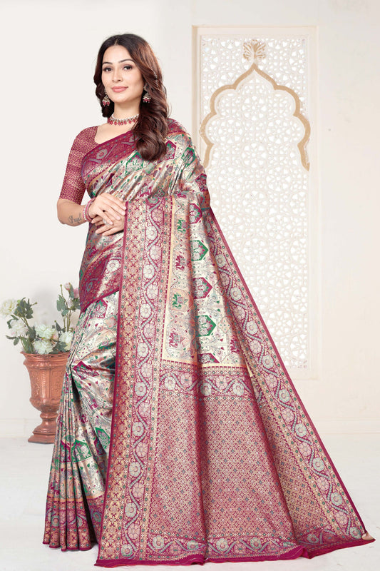 Maroon and Beige Banarasi Silk Saree with Rich Zari Woven Design