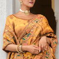 Designer Mustard Printed Silk Saree with Heavy Embroidered Border