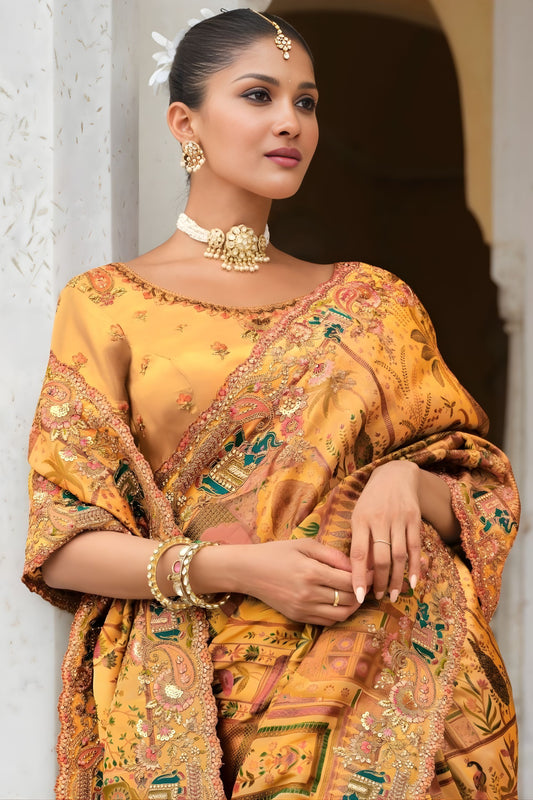 Designer Mustard Printed Silk Saree with Heavy Embroidered Border