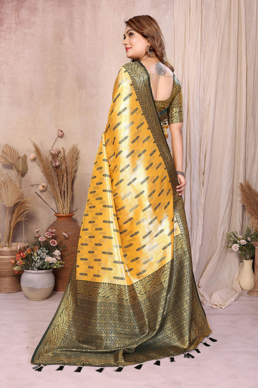Mustard Yellow And Green with Rich Zari Banarasi Silk Saree Festive Wear