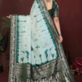 Sea Green Dark Green Tie-Dye Silk Saree with Silver Woven Border