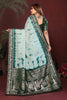 Sea Green Dark Green Tie-Dye Silk Saree with Silver Woven Border