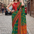 Traditional Teal Green Printed Saree with Red Border Designer Blouse 