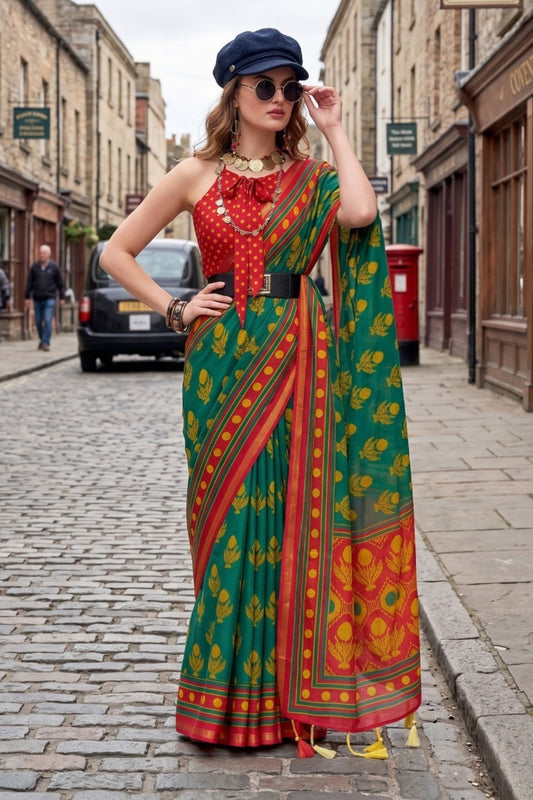 Traditional Teal Green Printed Saree with Red Border Designer Blouse 