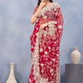 Designer Red Floral Embroidered Net Saree with Heavy Border